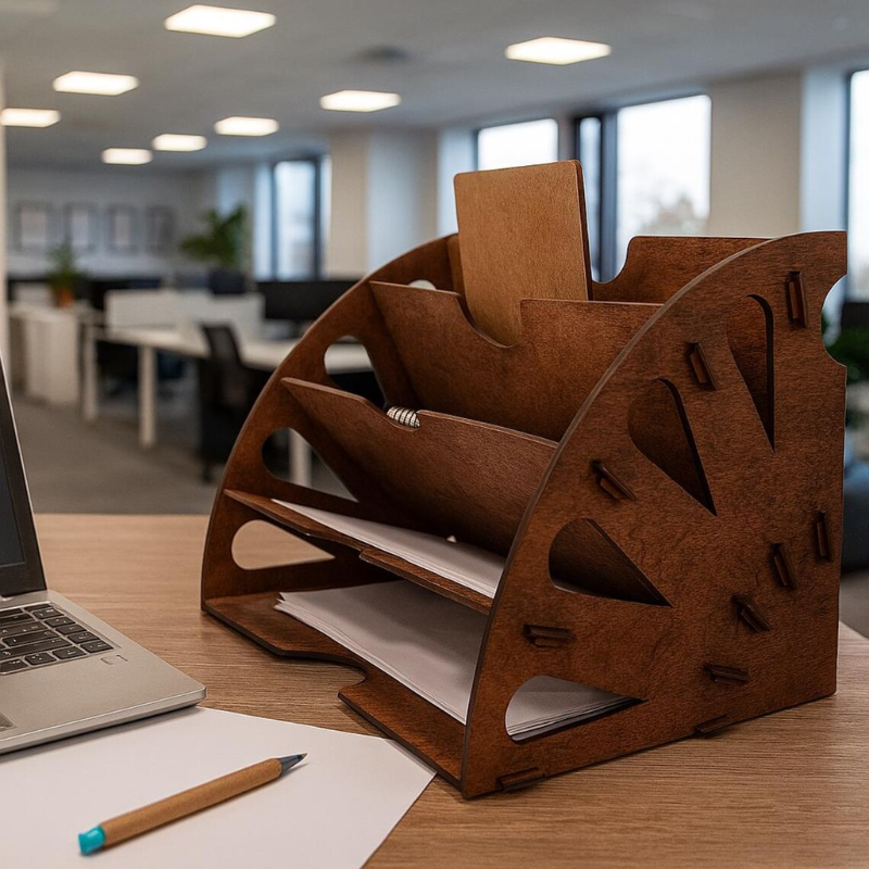 Handcrafted Wooden Desk Organizer for Documents and Office Essentials.