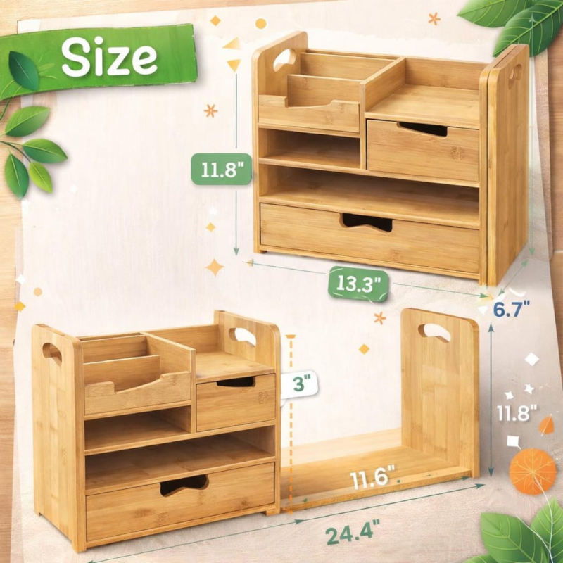 Deezy Store Bamboo Desk Organizer with Drawer – Eco-Friendly, Space-Saving Desk Storage.