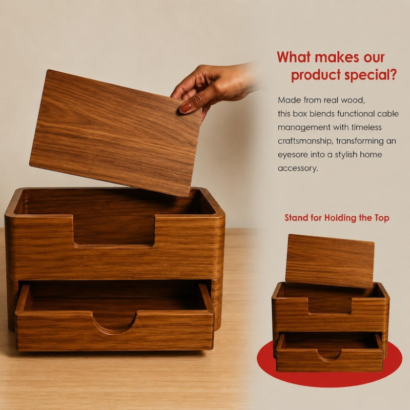 Premium Handcrafted Solid Wood Cable Management Box for a Sleek Home Office.