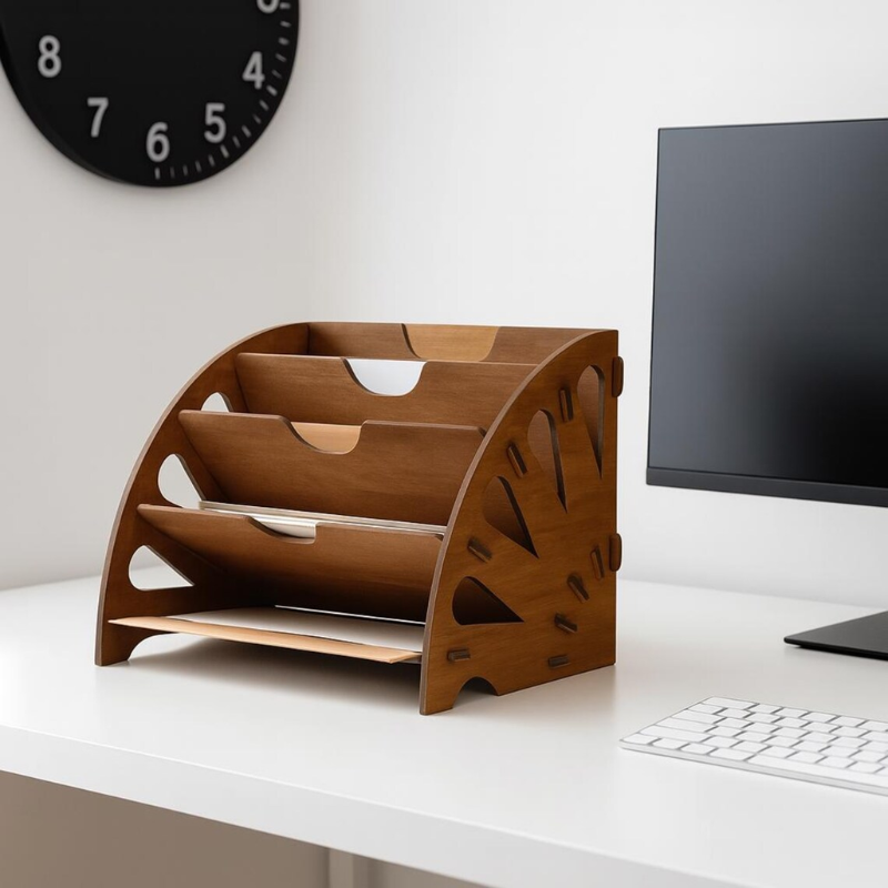Handcrafted Wooden Desk Organizer for Documents and Office Essentials.
