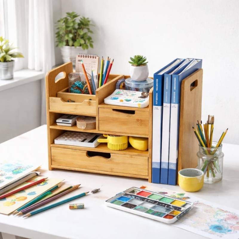 Deezy Store Bamboo Desk Organizer with Drawer – Eco-Friendly, Space-Saving Desk Storage.