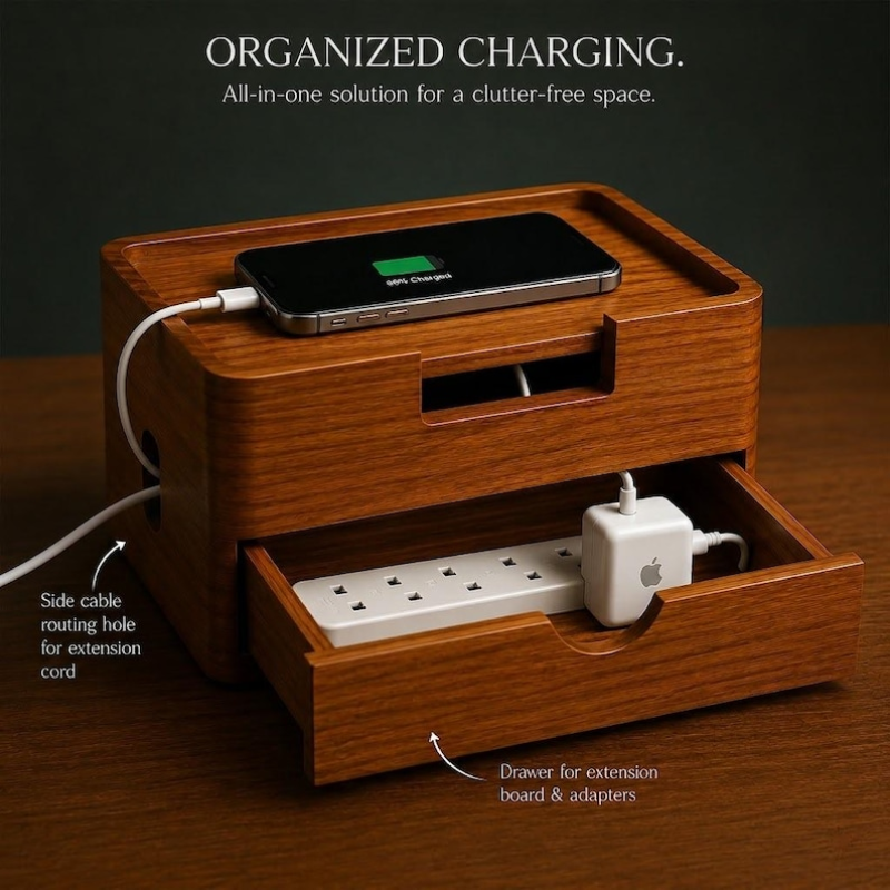 Premium Handcrafted Solid Wood Cable Management Box for a Sleek Home Office.