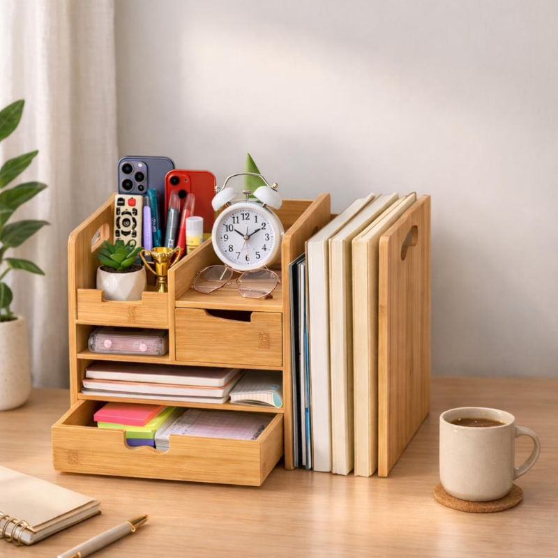Deezy Store Bamboo Desk Organizer with Drawer – Eco-Friendly, Space-Saving Desk Storage.