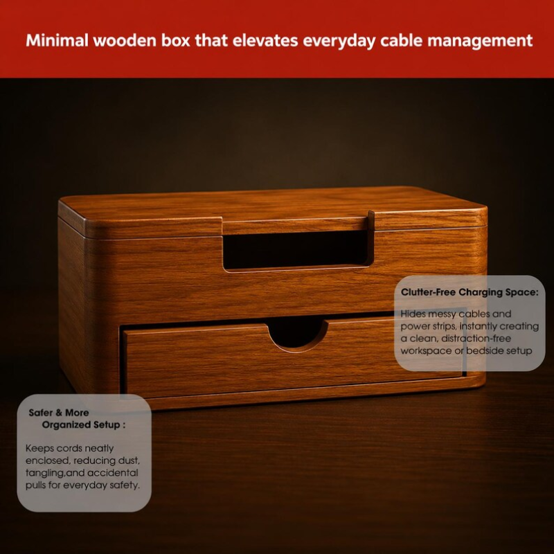 Premium Handcrafted Solid Wood Cable Management Box for a Sleek Home Office.