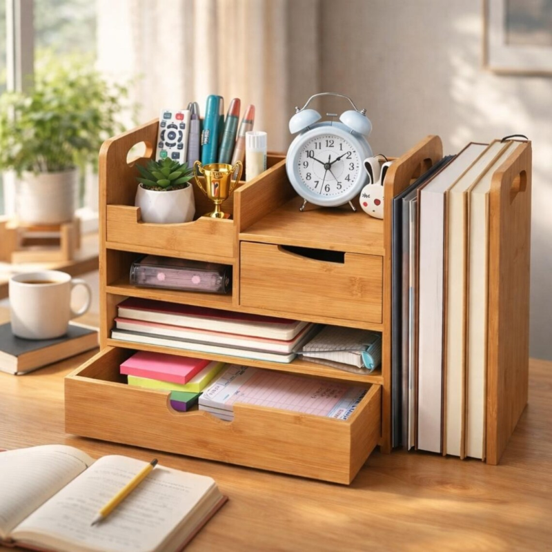 Deezy Store Bamboo Desk Organizer with Drawer – Eco-Friendly, Space-Saving Desk Storage.