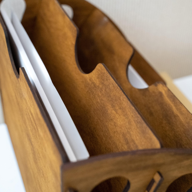 Handcrafted Wooden Desk Organizer for Documents and Office Essentials.