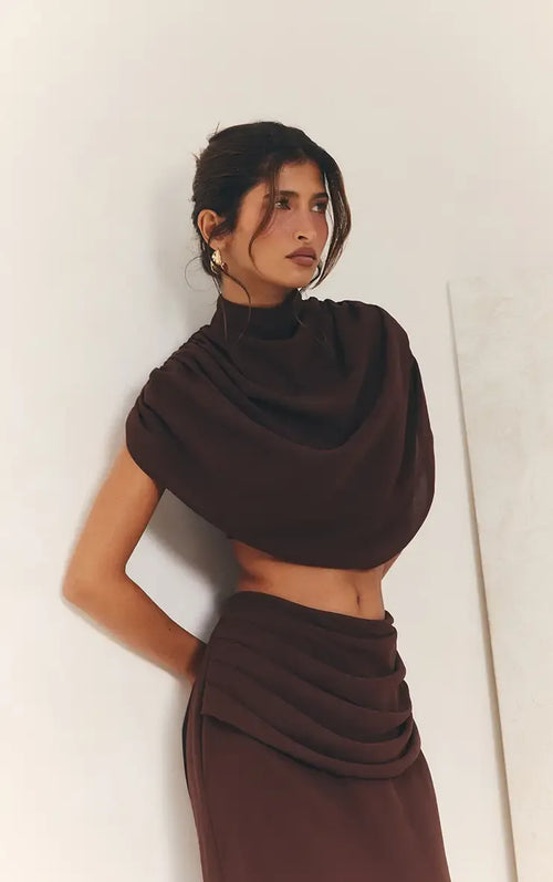 Draped Chiffon High Neck Cropped Top - Sculptural Co-ord Piece
